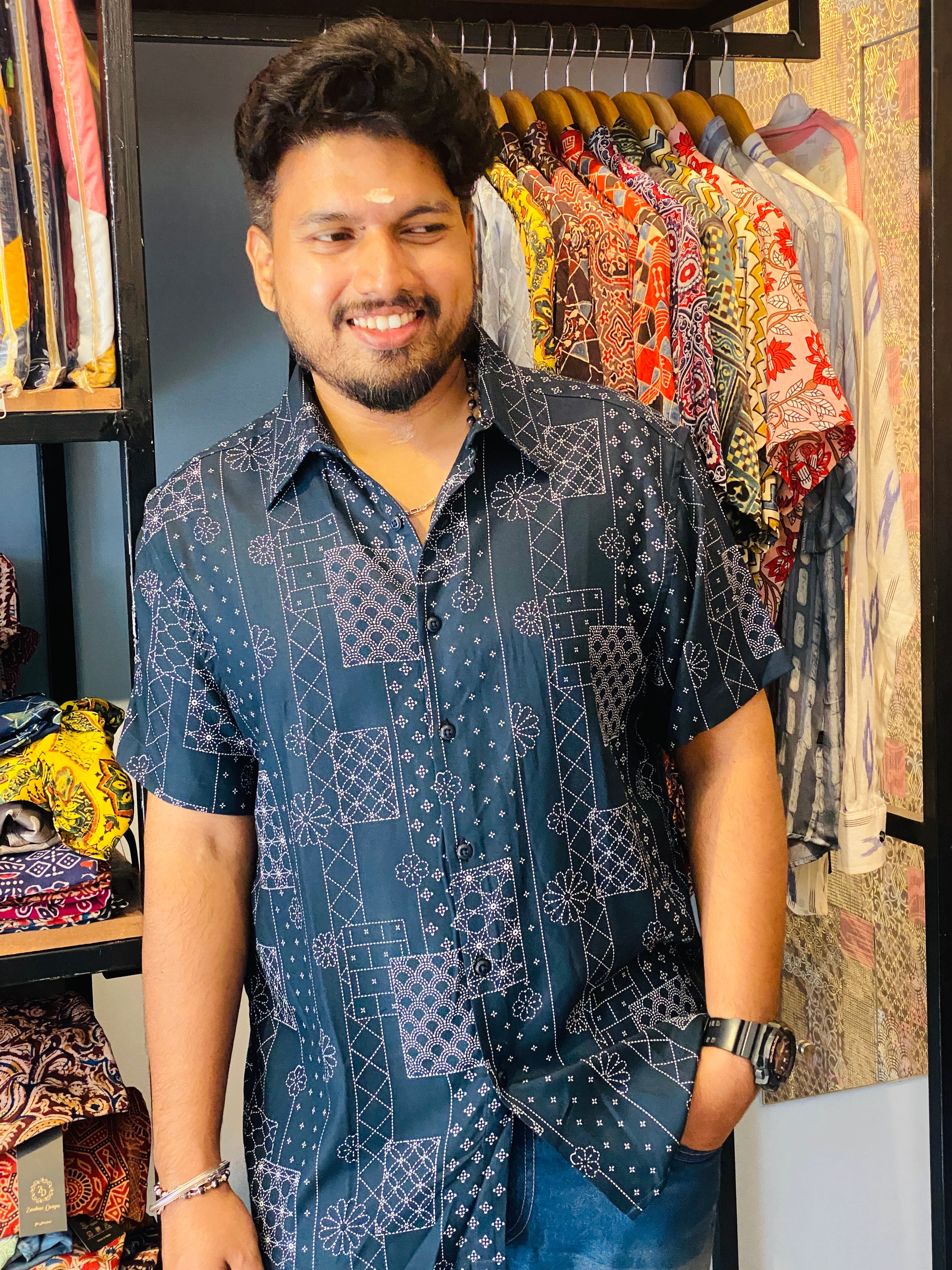 BeZyD MOSAIC - Dark Blue Premium Rayon Printed Shirt