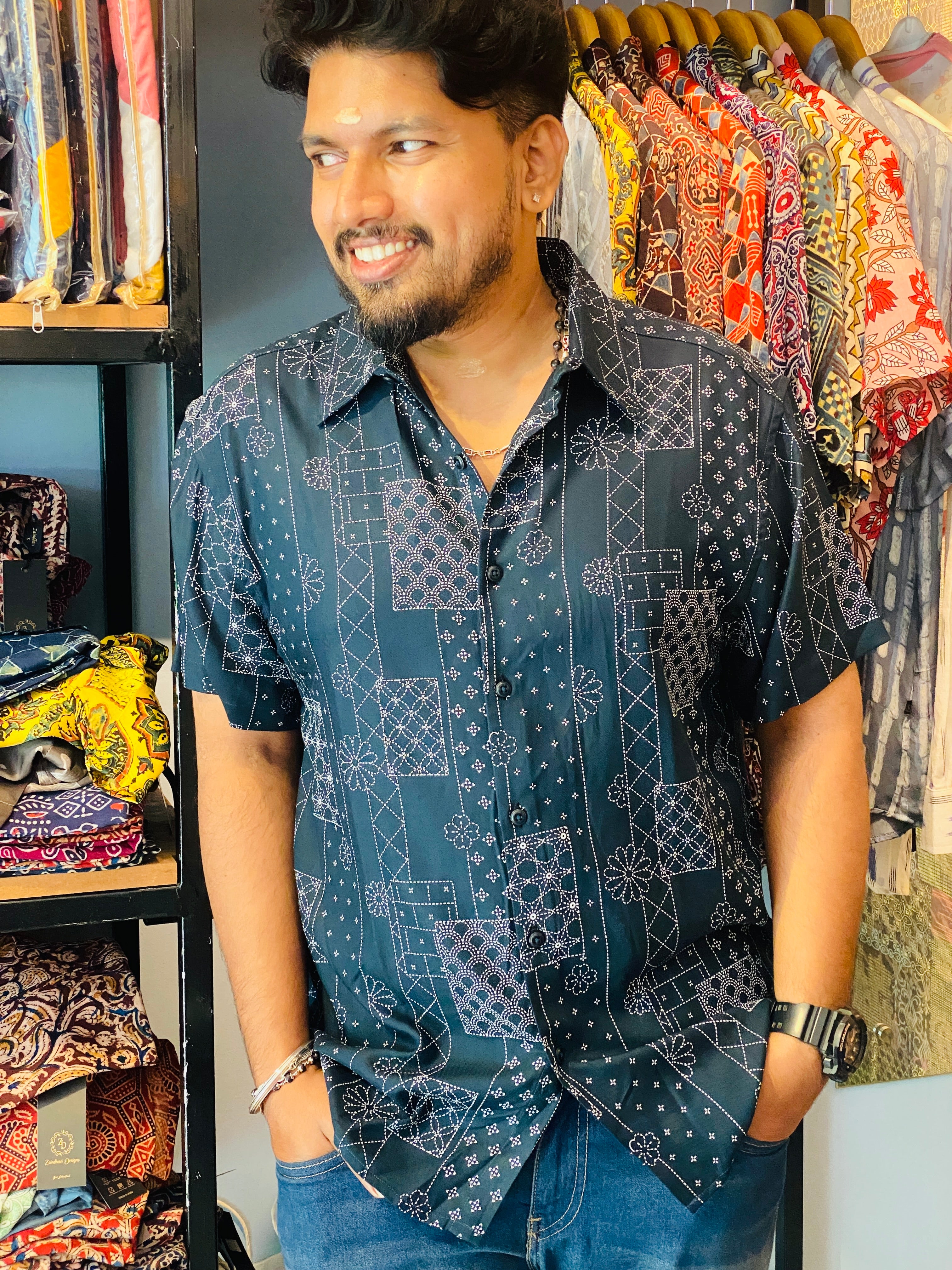 BeZyD MOSAIC - Dark Blue Premium Rayon Printed Shirt