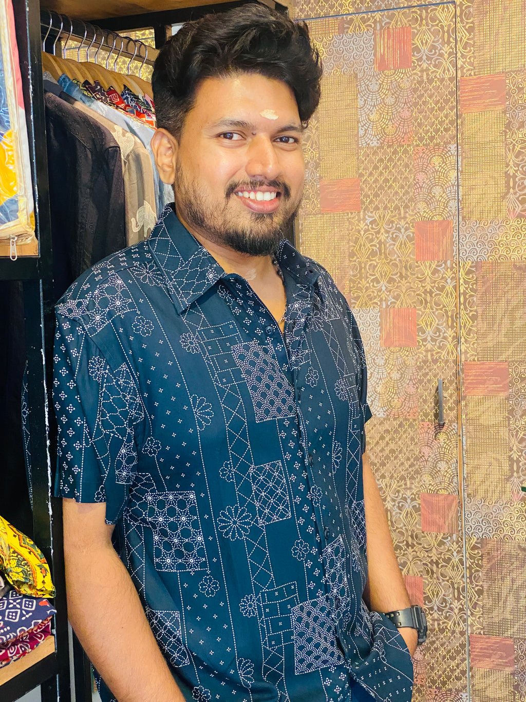 BeZyD MOSAIC - Dark Blue Premium Rayon Printed Shirt