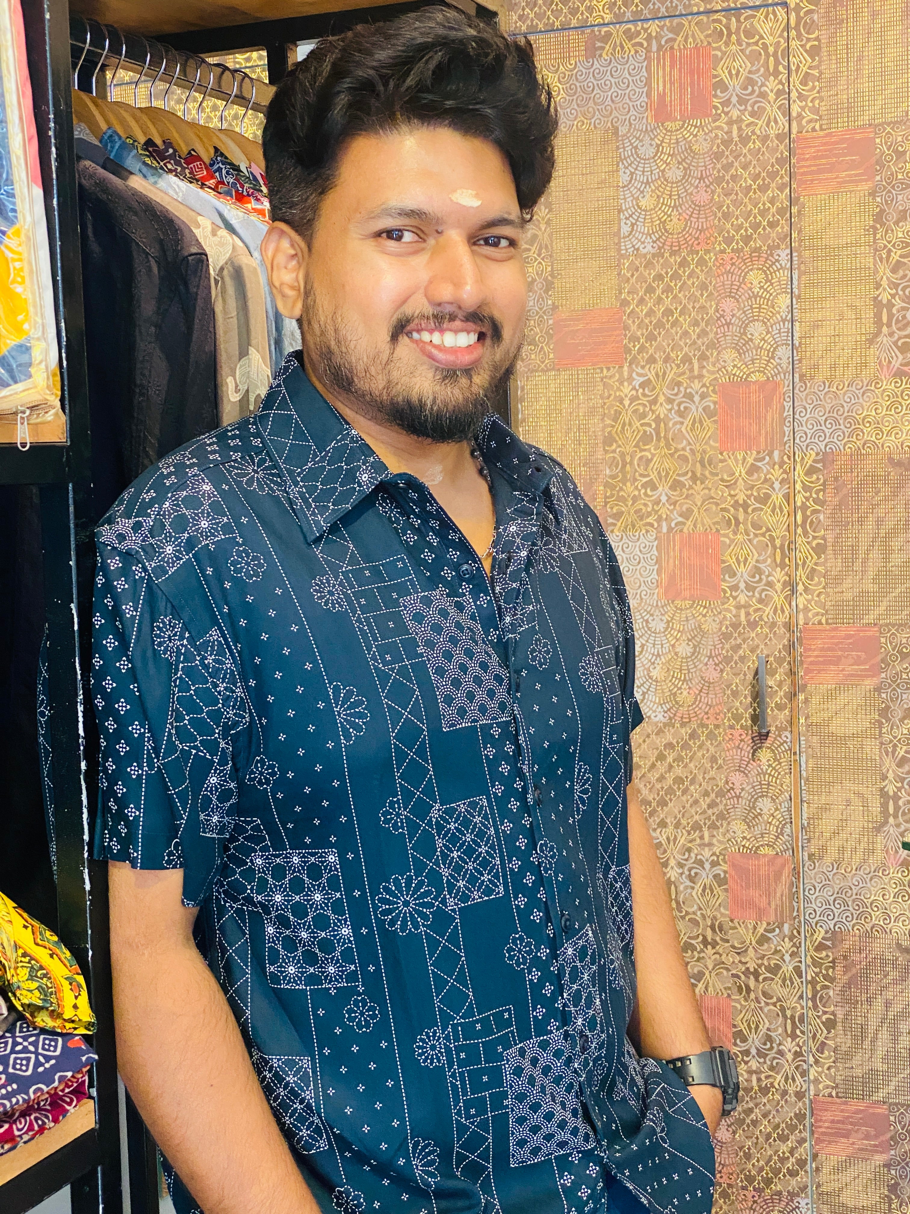 BeZyD MOSAIC - Dark Blue Premium Rayon Printed Shirt