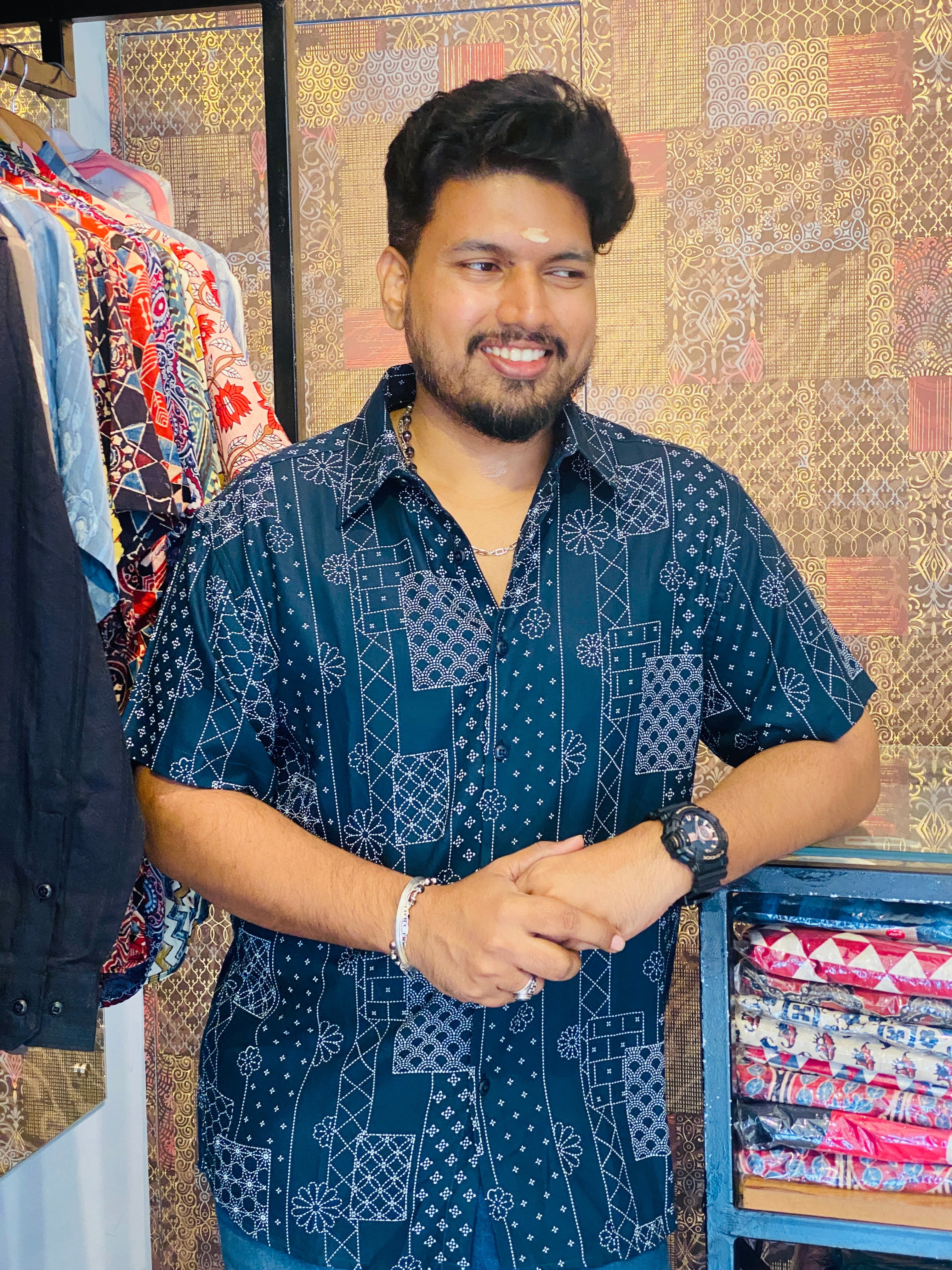 BeZyD MOSAIC - Dark Blue Premium Rayon Printed Shirt