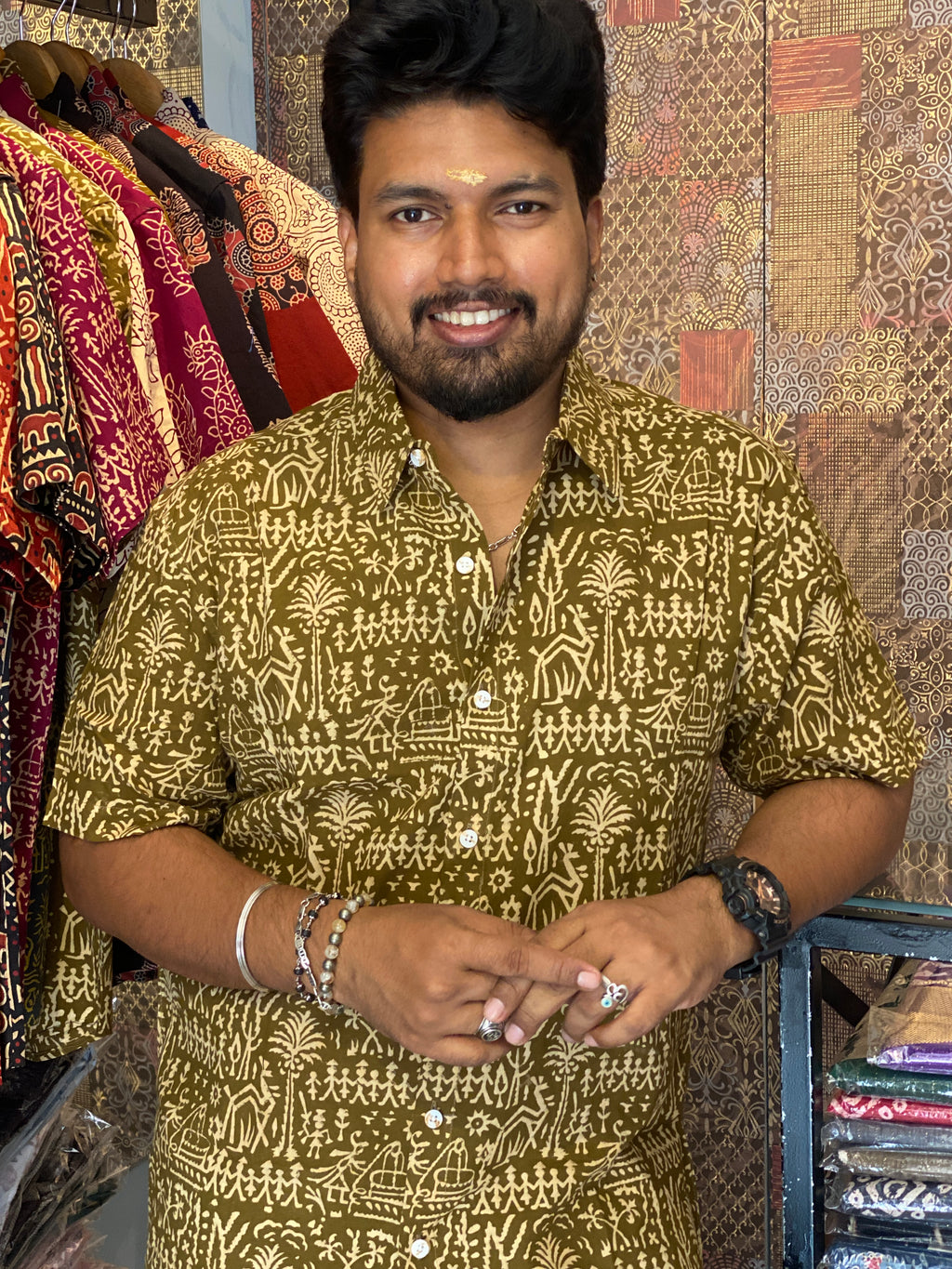Gramachitra- Olive Green Pure Cotton Handblock Print Shirt