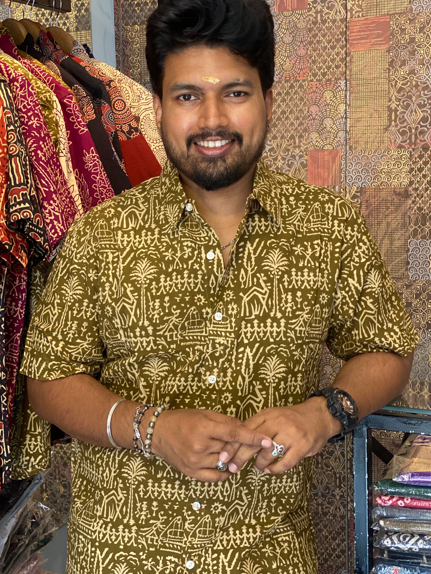Gramachitra- Olive Green Pure Cotton Handblock Print Shirt