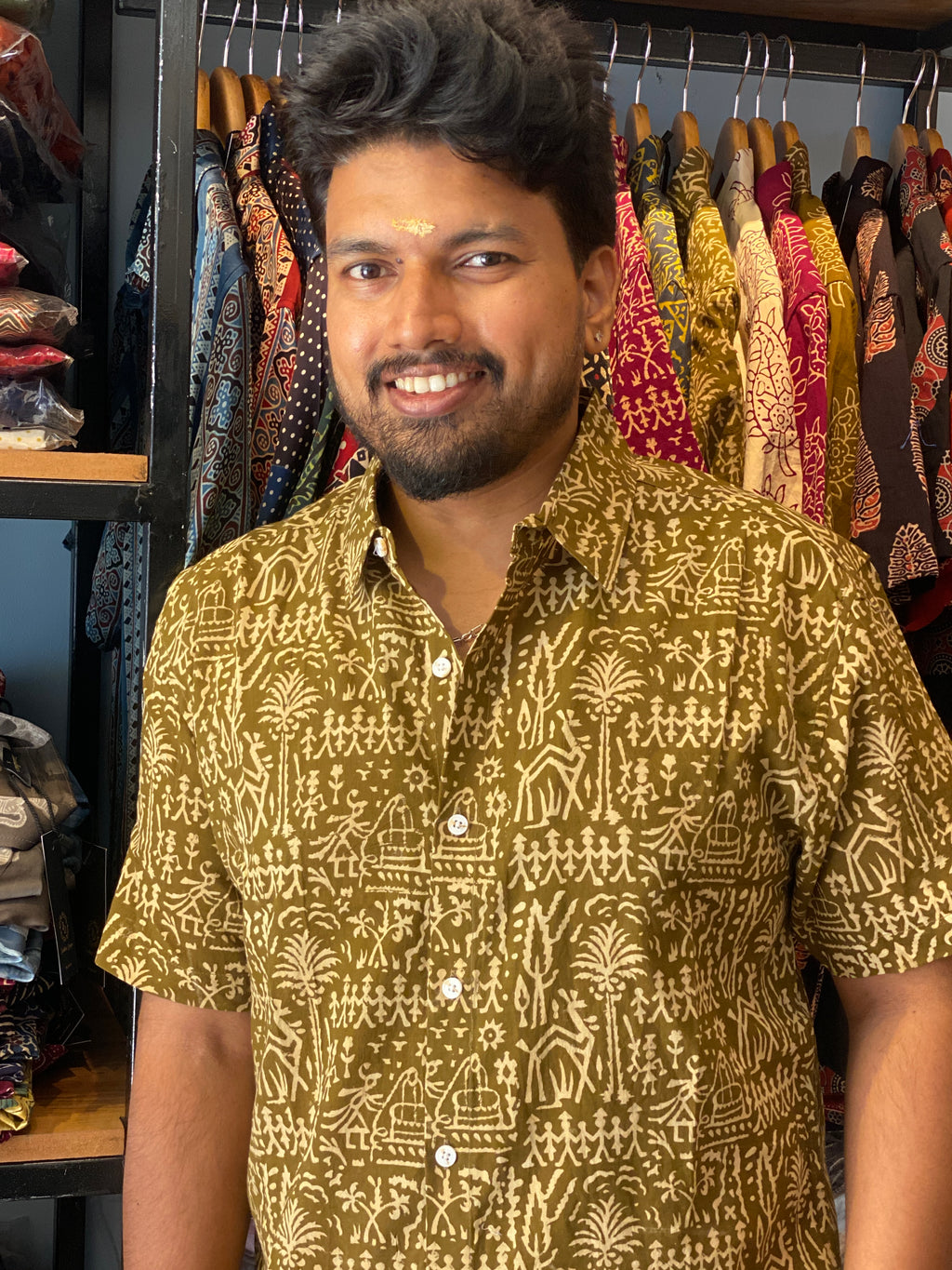 Gramachitra- Olive Green Pure Cotton Handblock Print Shirt