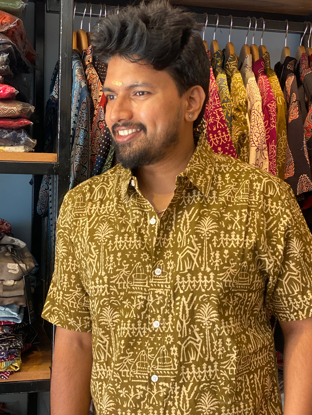 Gramachitra- Olive Green Pure Cotton Handblock Print Shirt