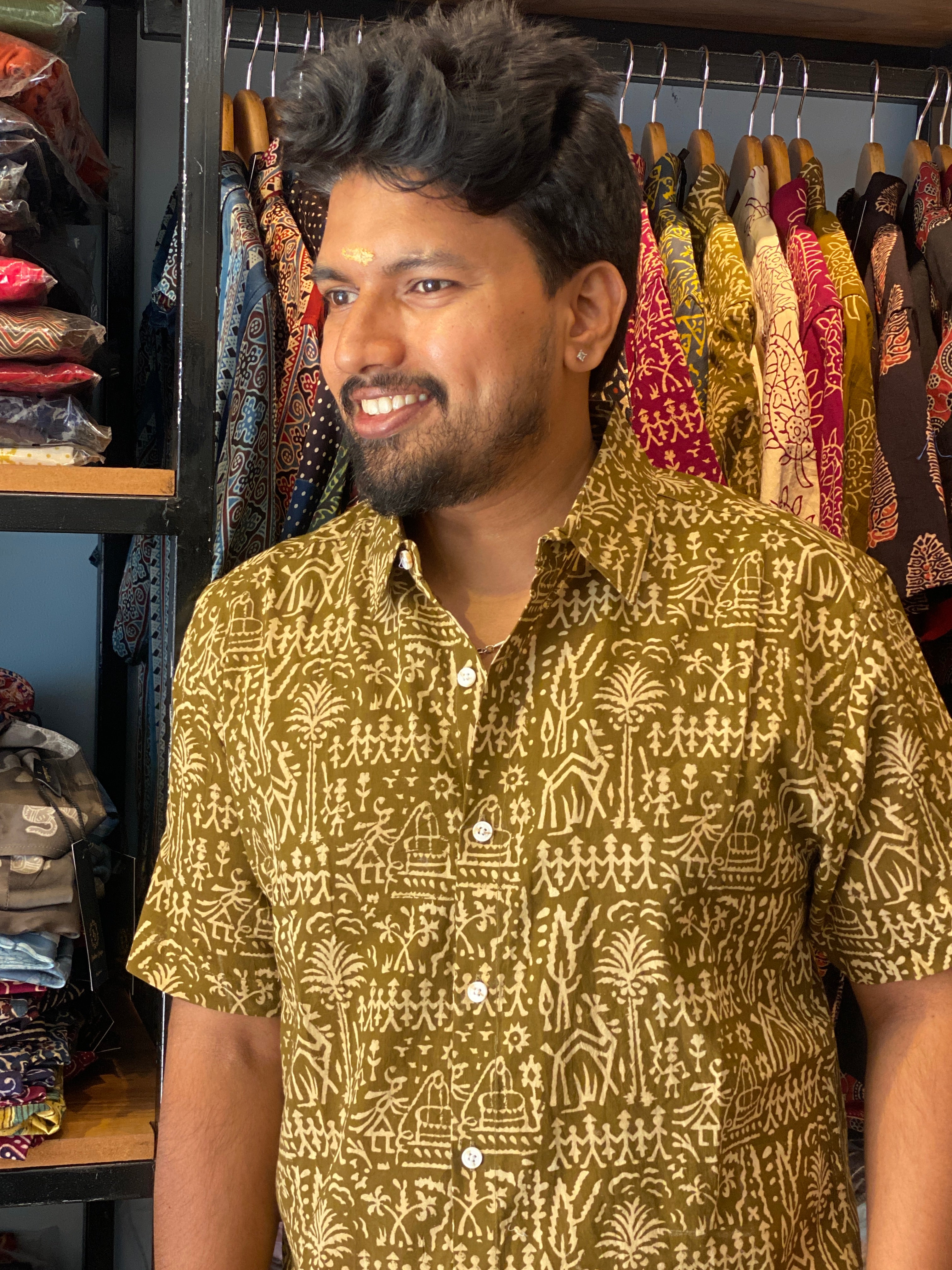 Gramachitra- Olive Green Pure Cotton Handblock Print Shirt