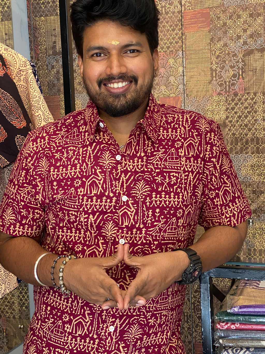 Gramachitra - Maroon Pure Cotton Handblock Print Shirt
