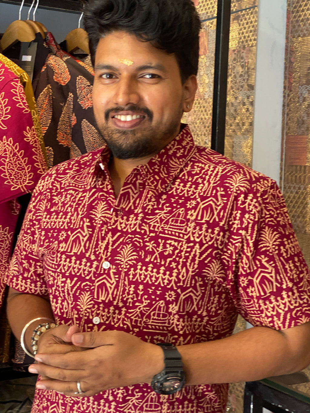Gramachitra - Maroon Pure Cotton Handblock Print Shirt