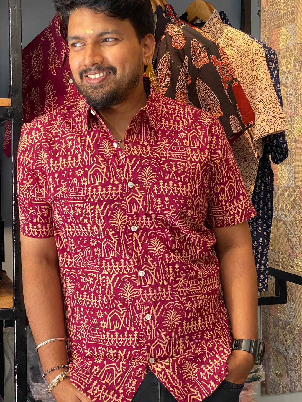 Gramachitra - Maroon Pure Cotton Handblock Print Shirt