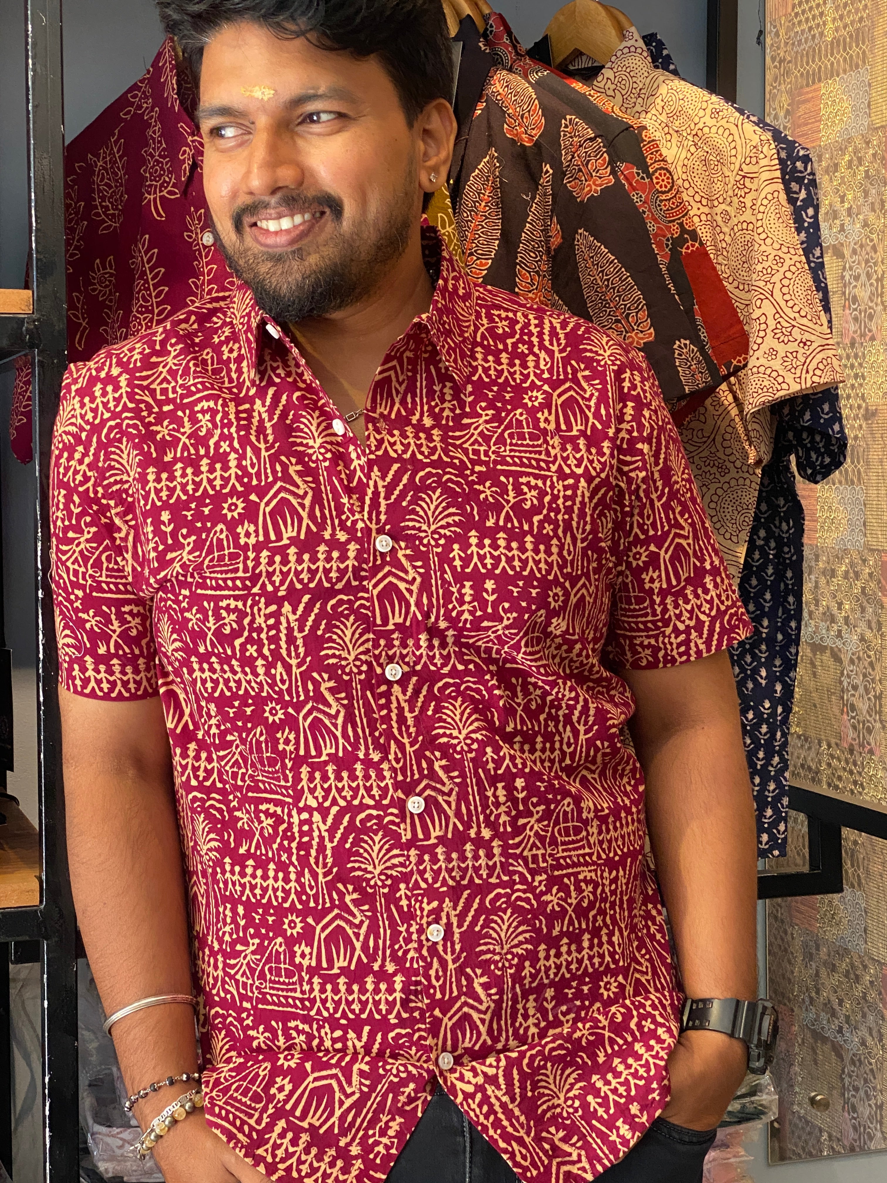 Gramachitra - Maroon Pure Cotton Handblock Print Shirt