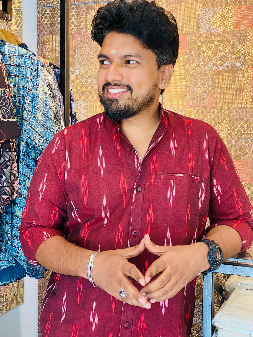 Manikya - Maroon Premium Cotton Ikkat Shirt