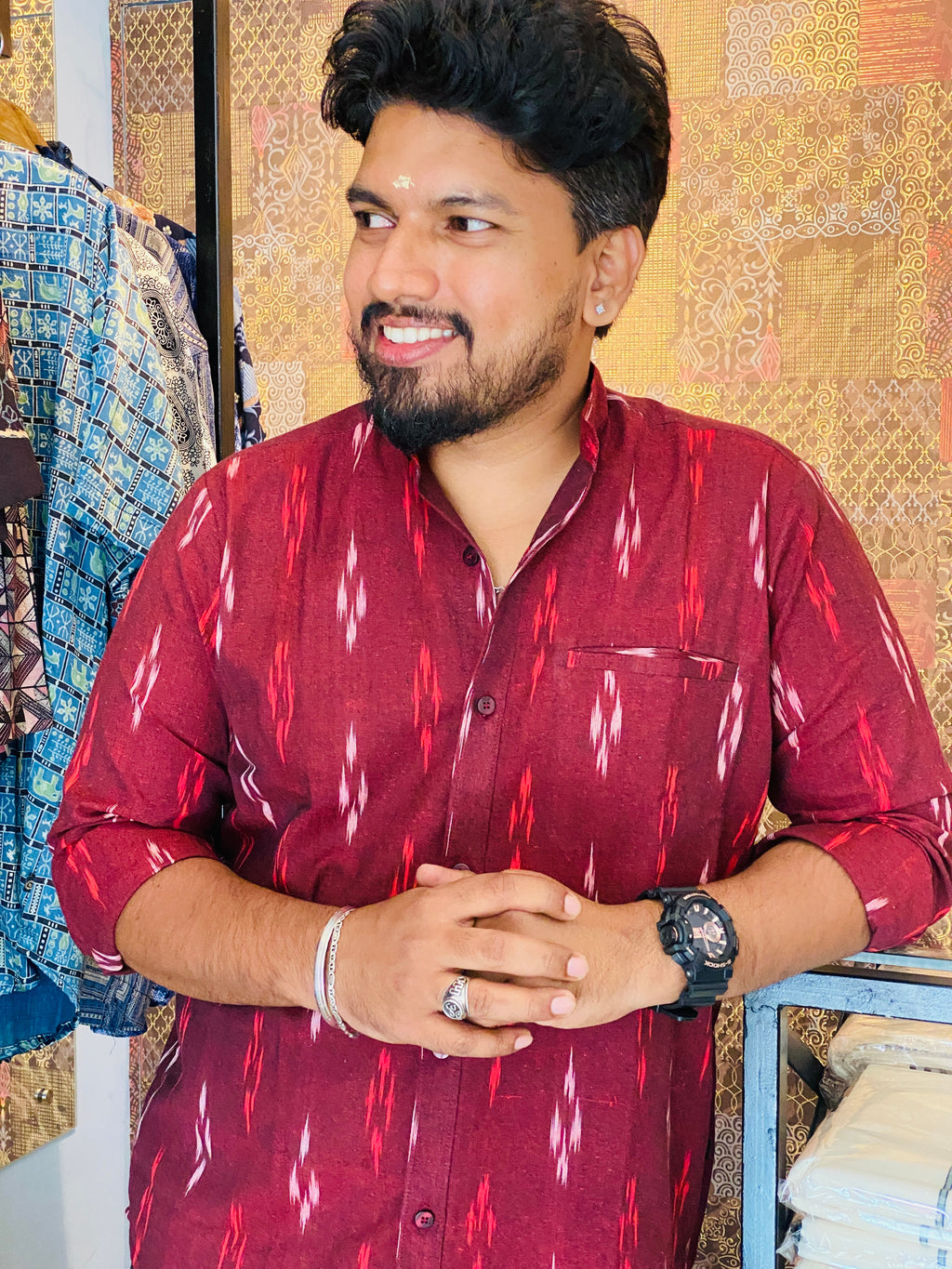 Manikya - Maroon Premium Cotton Ikkat Shirt