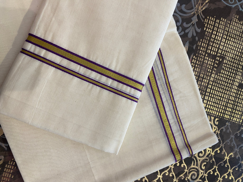 Kasavu Set Mund with Golden Zari & Coloured Kara (2.8 Mtrs)
