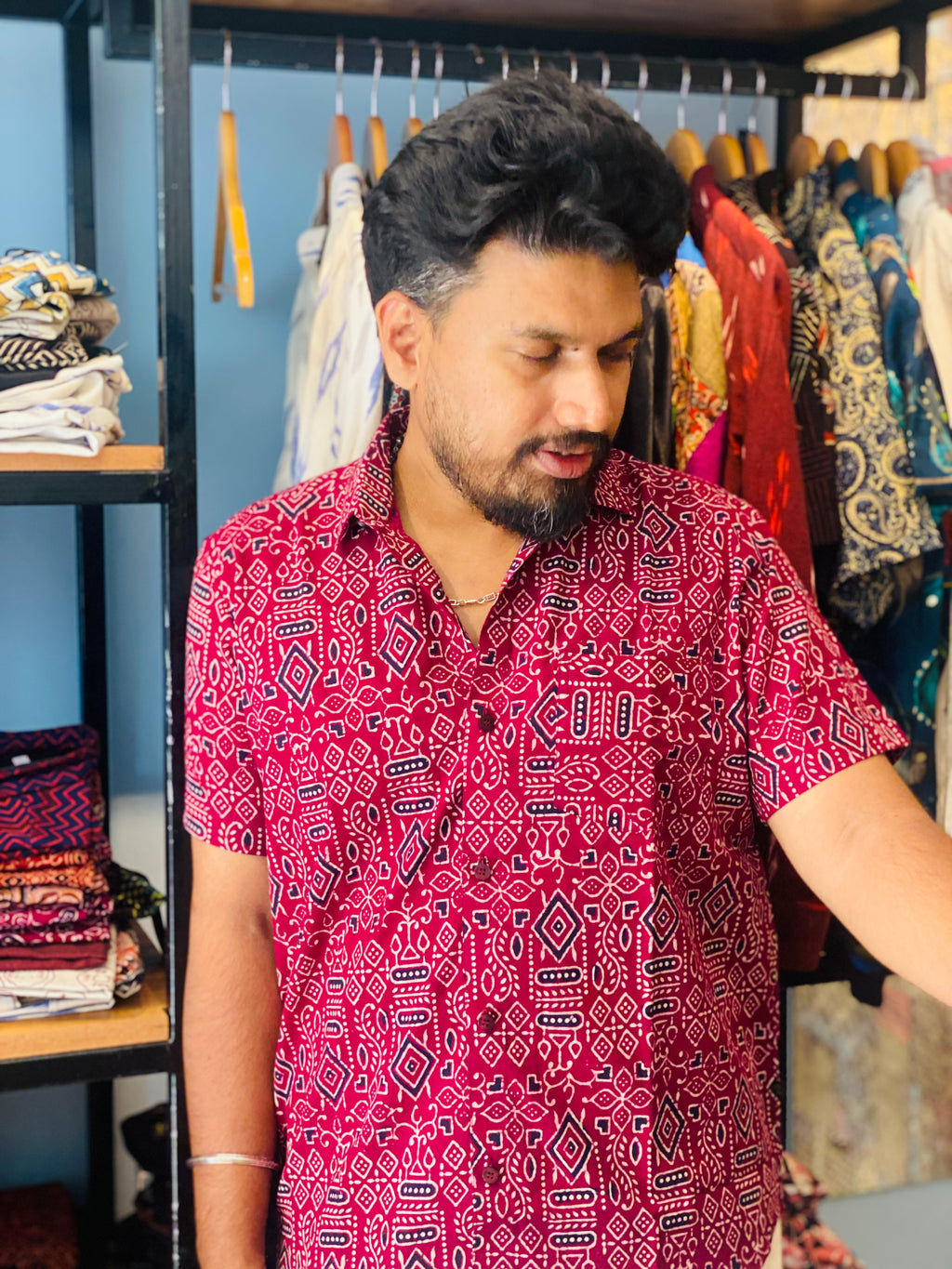 Kolachitra - Wine Red Pure Cotton Hand Block Print Shirt