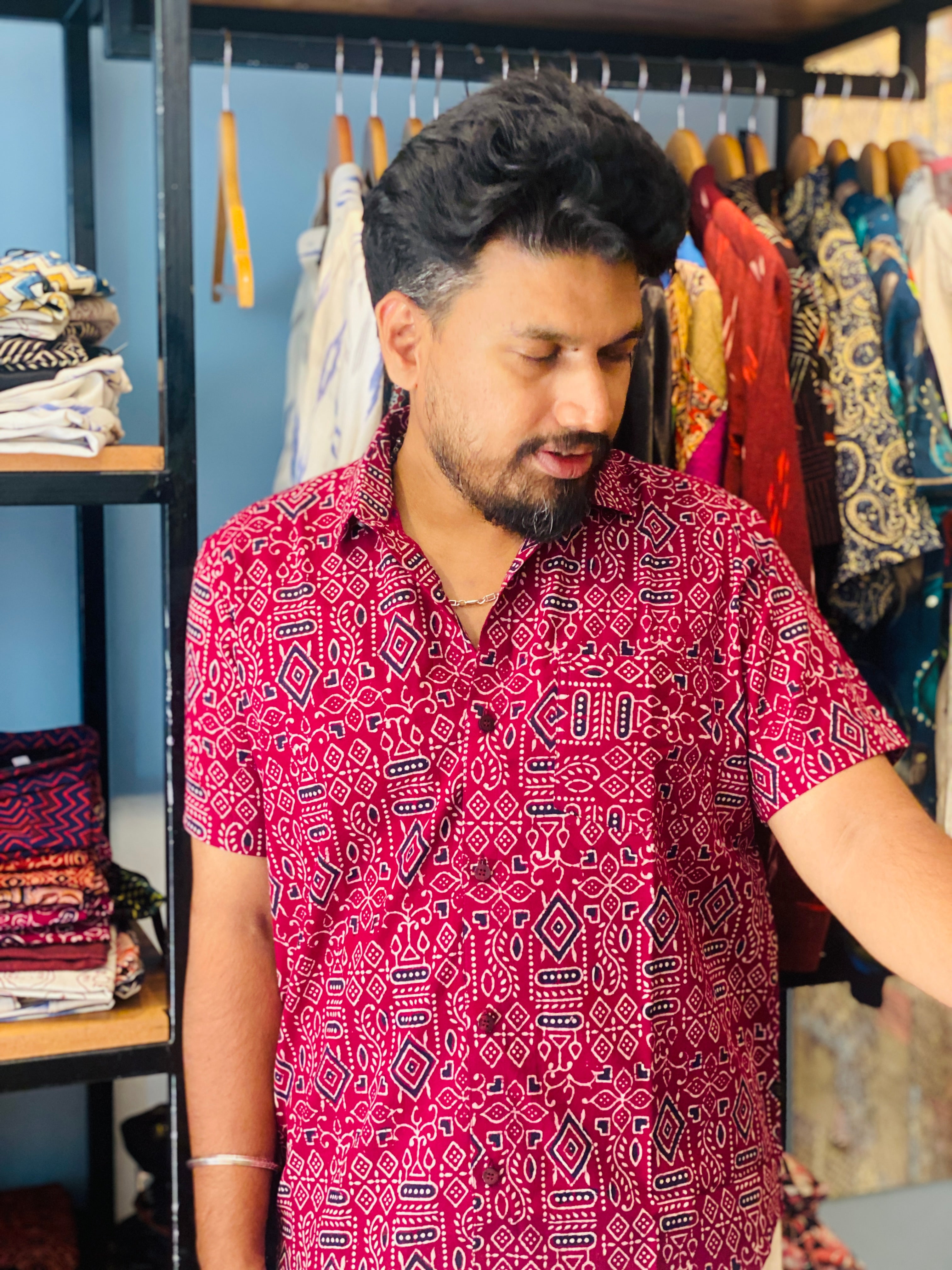 Kolachitra - Wine Red Pure Cotton Hand Block Print Shirt