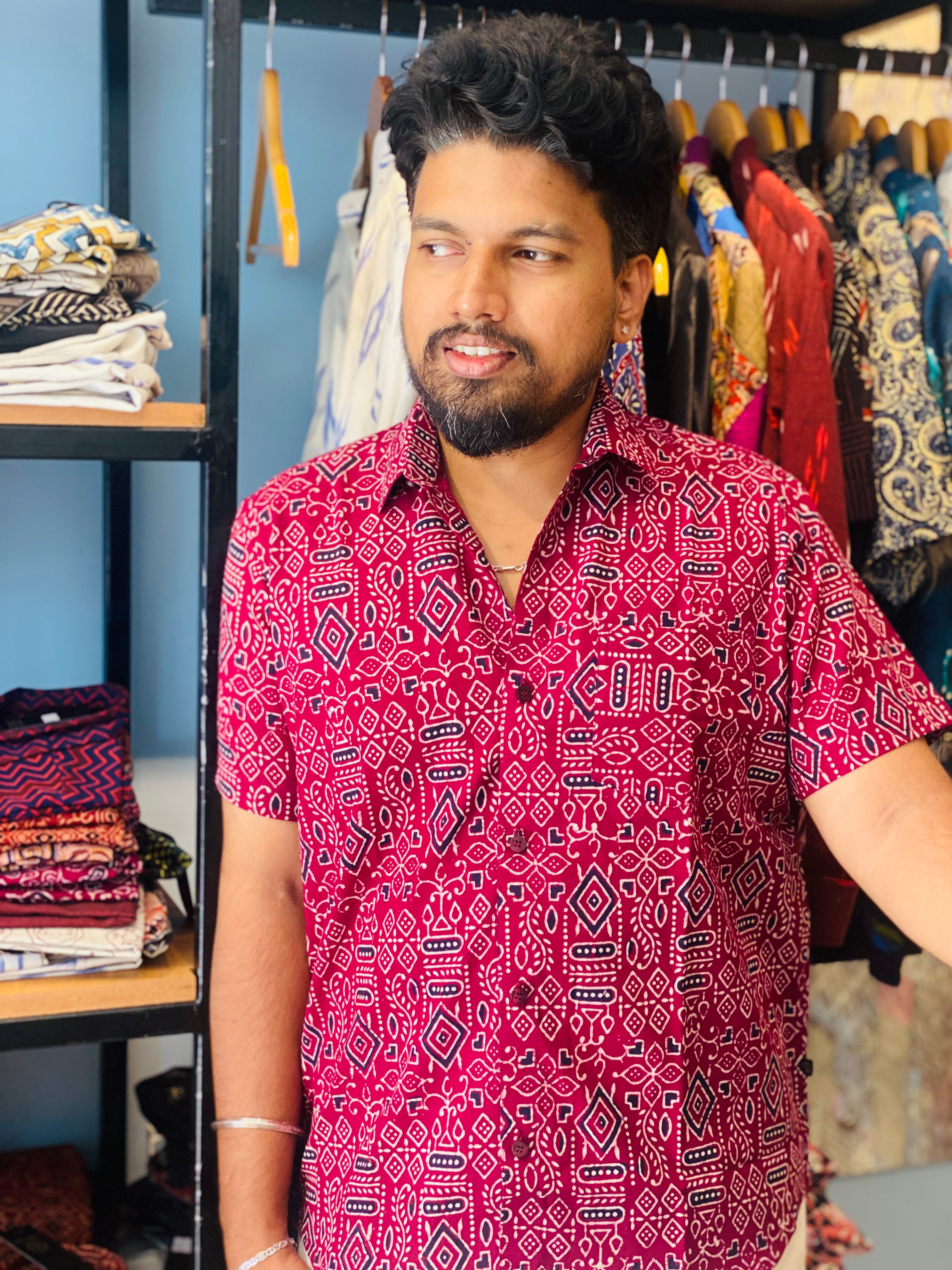 Kolachitra - Wine Red Pure Cotton Hand Block Print Shirt