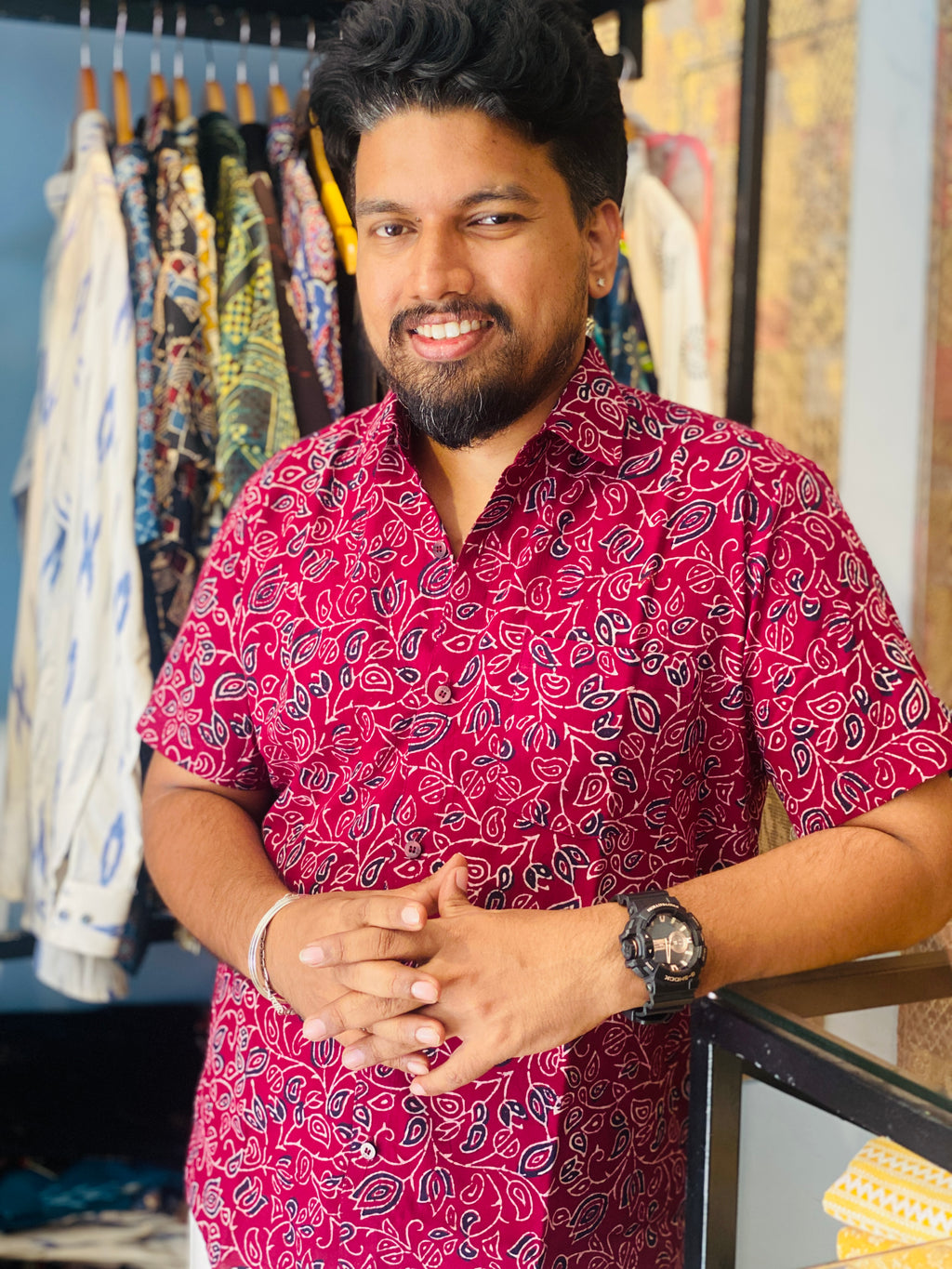 Kamalika - Wine Red Pure Cotton Hand Block Print Shirt