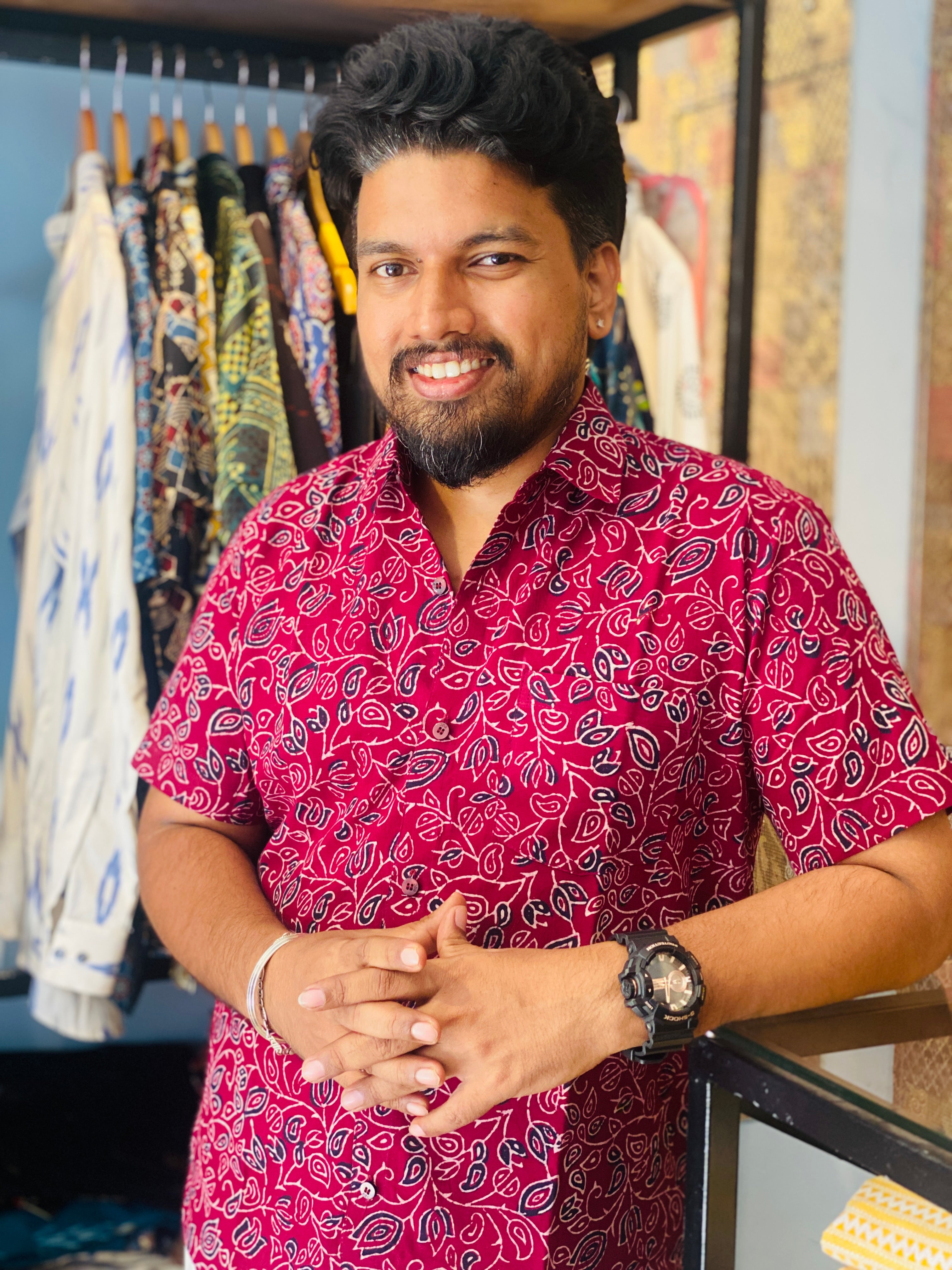 Kamalika - Wine Red Pure Cotton Hand Block Print Shirt