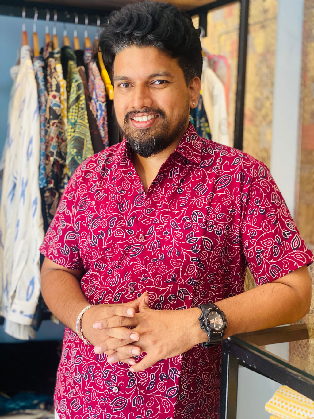 Kamalika - Wine Red Pure Cotton Hand Block Print Shirt