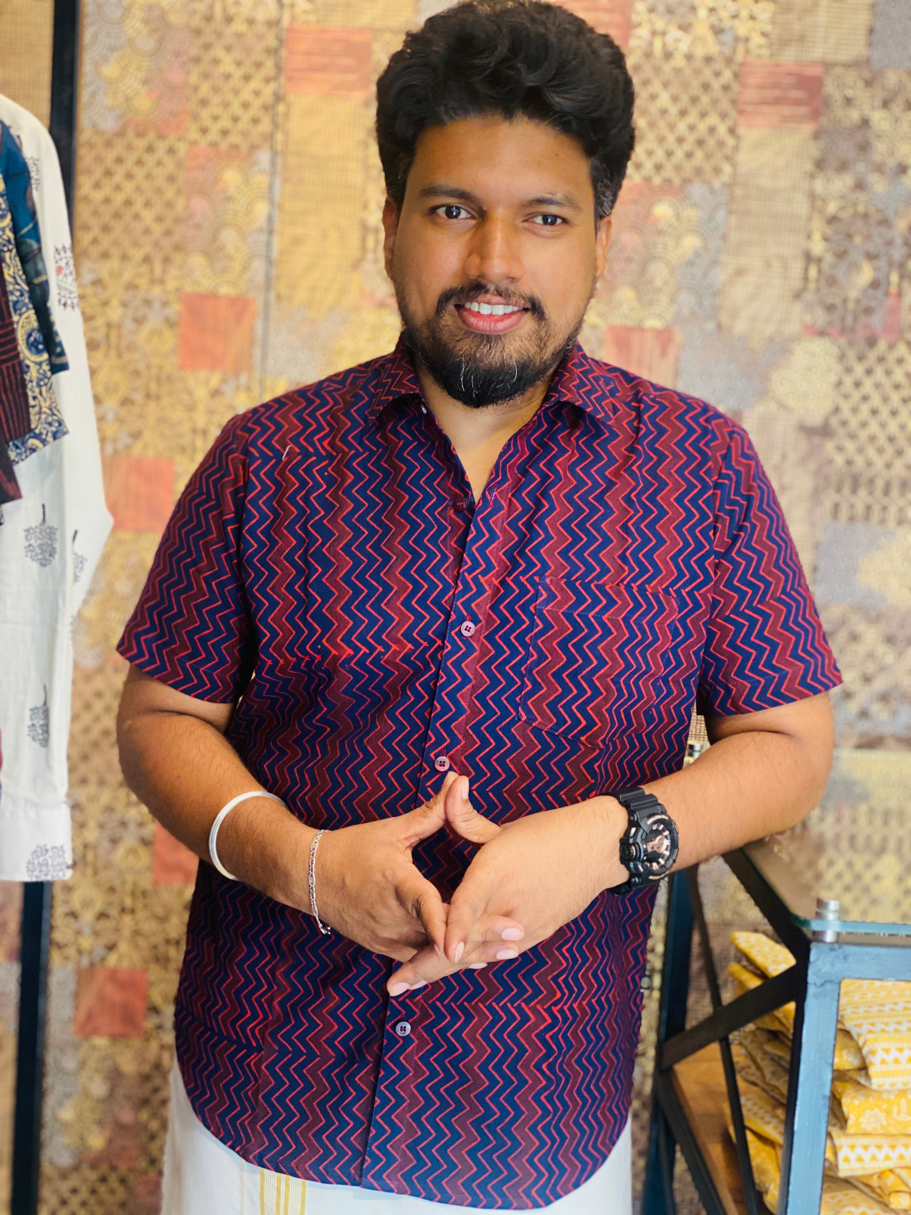 Vakrarekha - Blue & Red Pure Cotton Hand Block Print Shirt