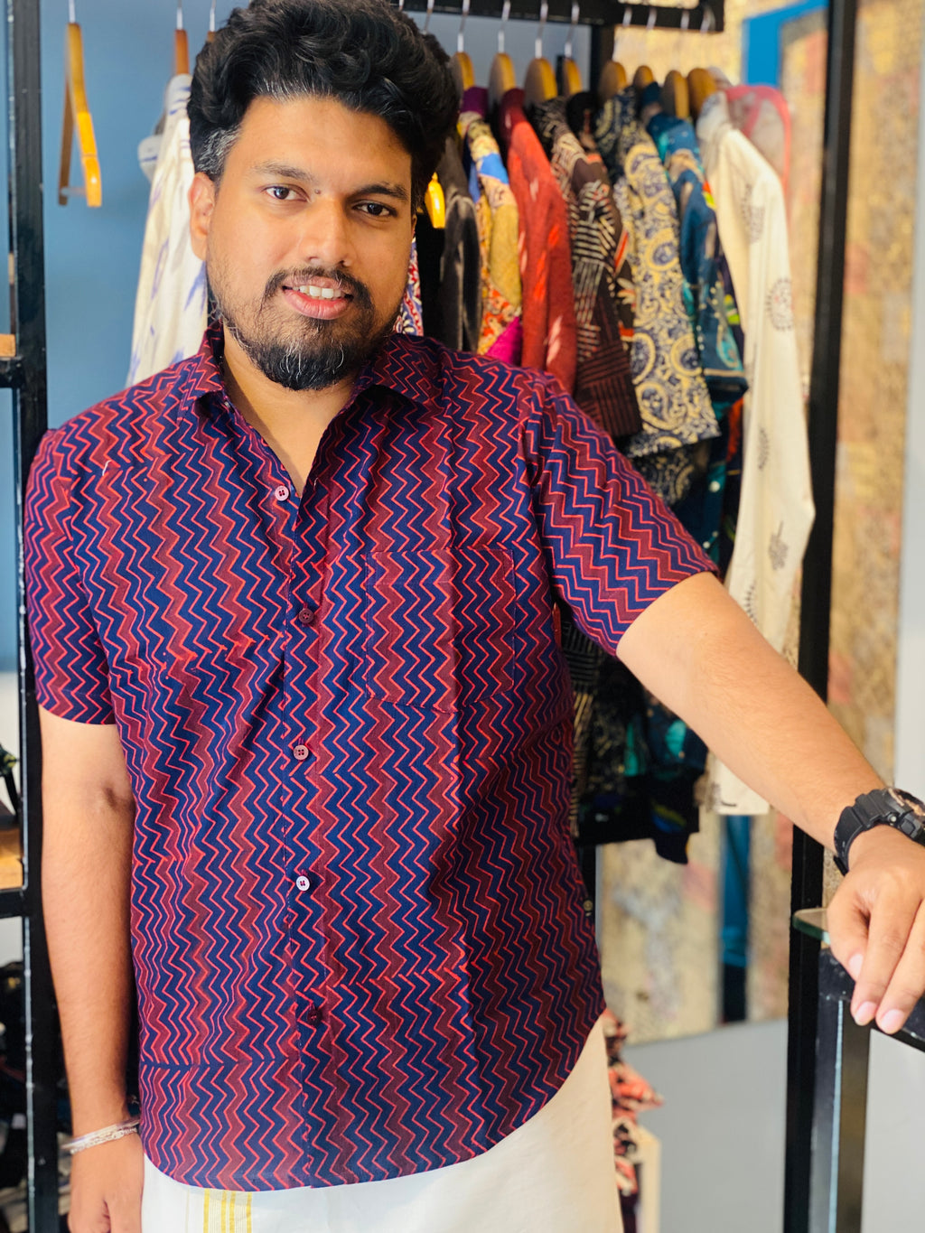 Vakrarekha - Blue & Red Pure Cotton Hand Block Print Shirt