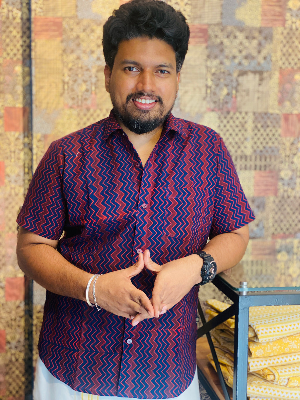 Vakrarekha - Blue & Red Pure Cotton Hand Block Print Shirt