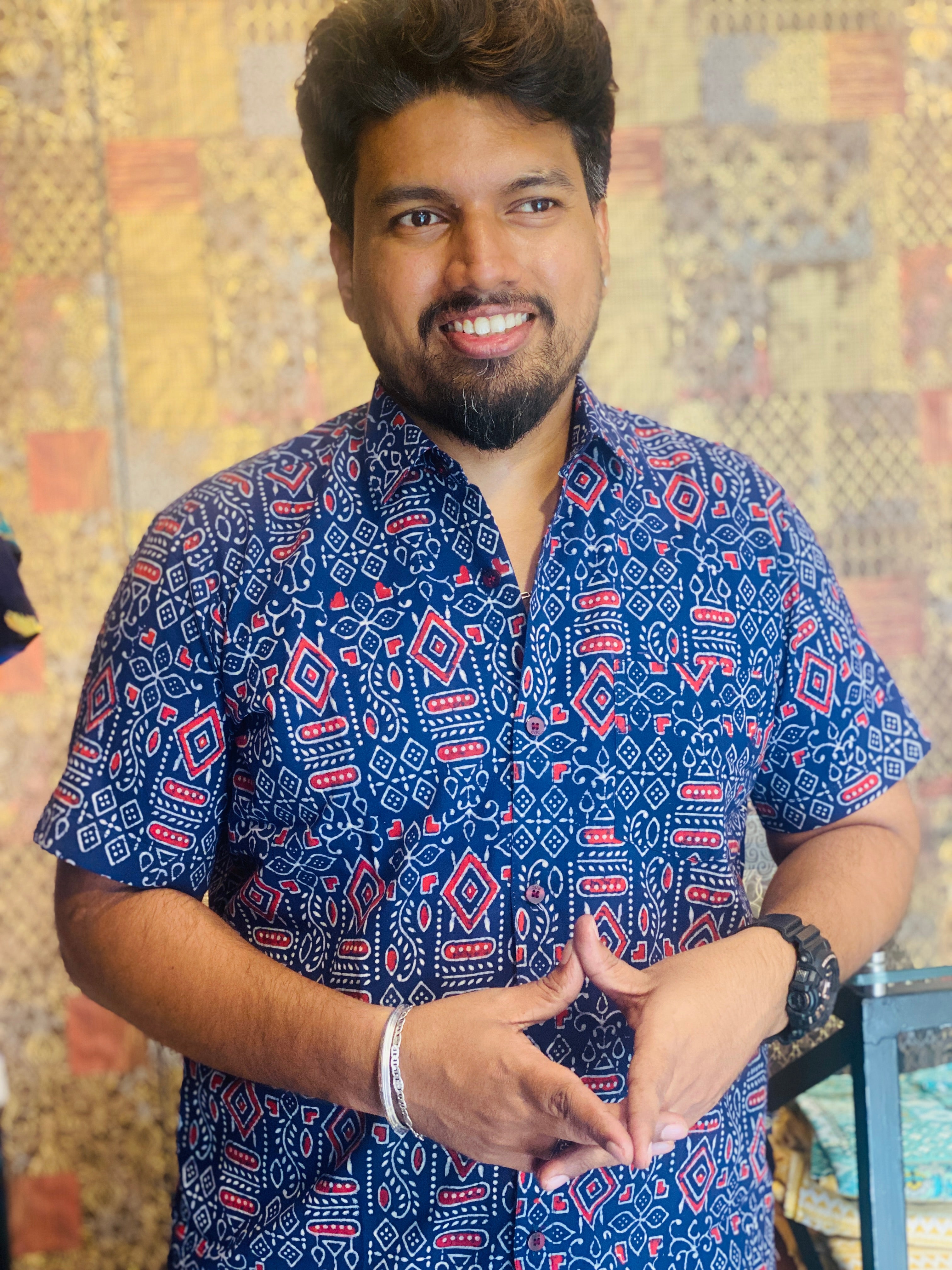 Kolachithra - Blue Pure Cotton Hand Block Print Shirt