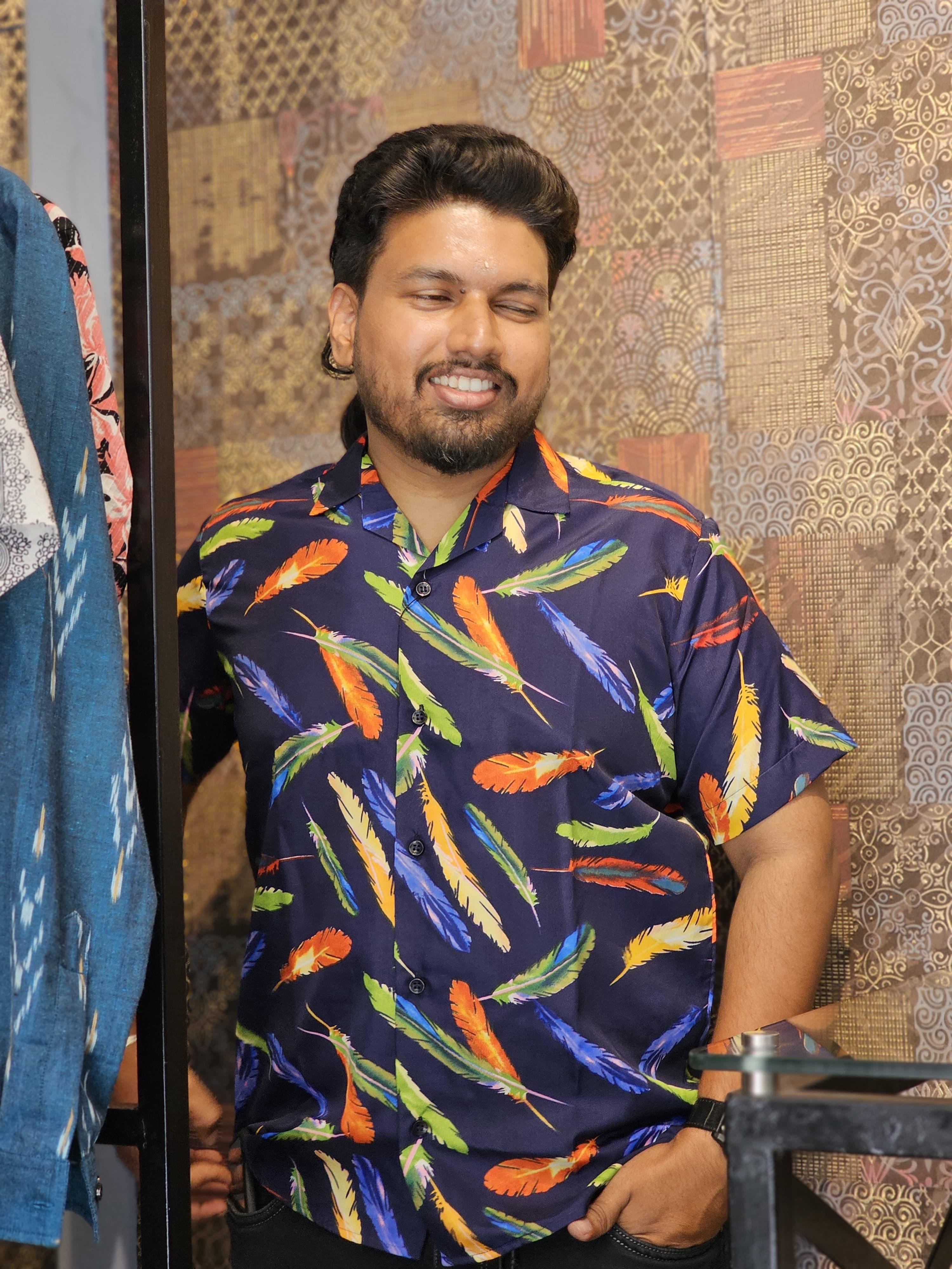 Feather Printed Cuban Collar Shirt